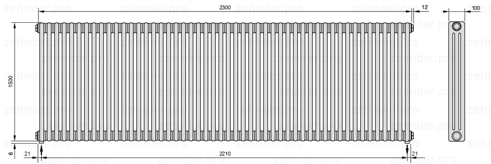 Схема (чертеж) Радиатор Zehnder Charleston 3150/50 №5310 Белый глянцевый RAL 9016